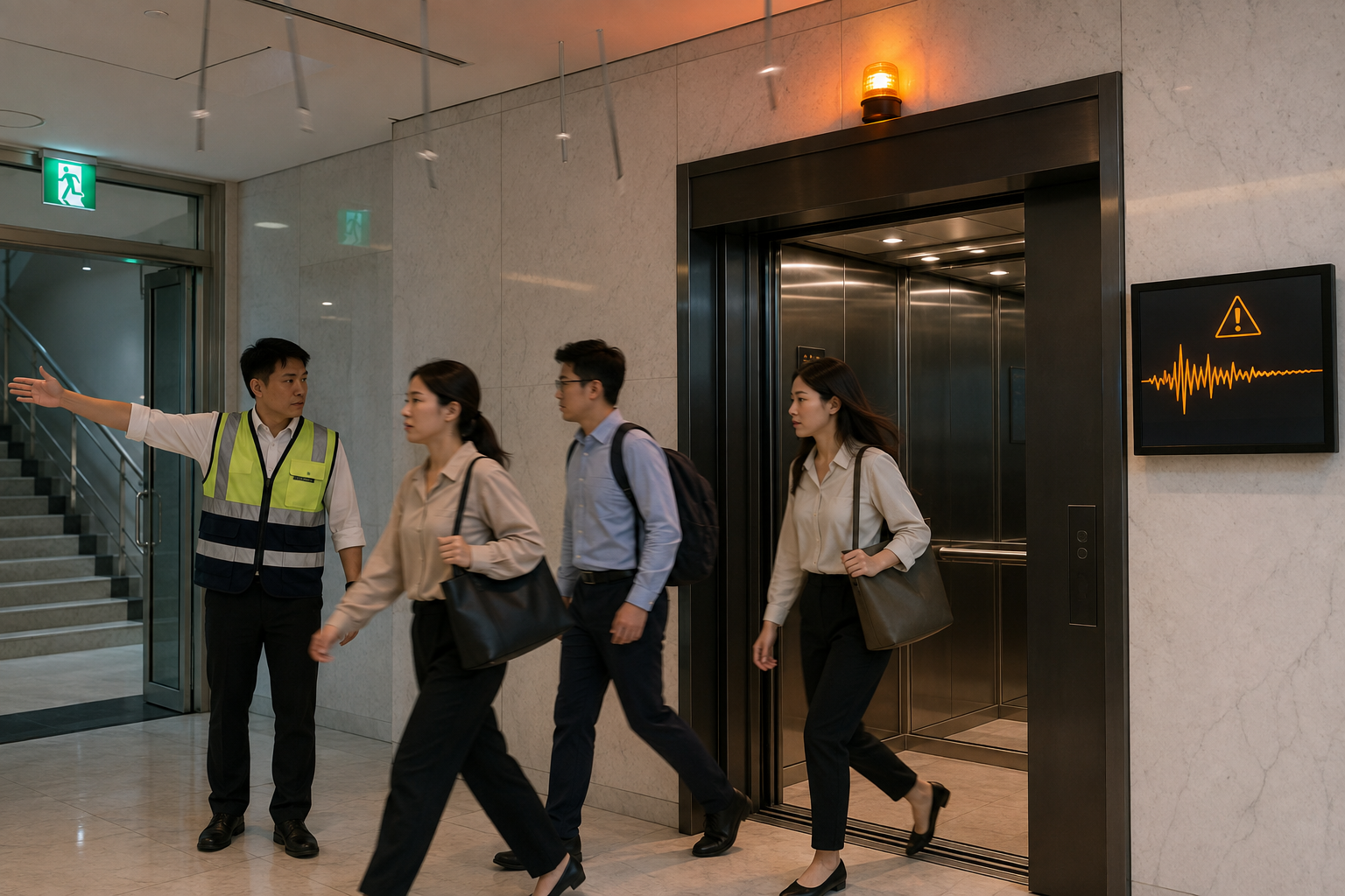 Safety officer directs passengers away from an elevator during an active earthquake warning